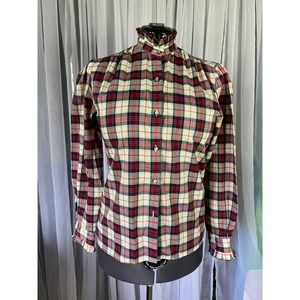 button up blouse ruffle collar plaid red green cream
